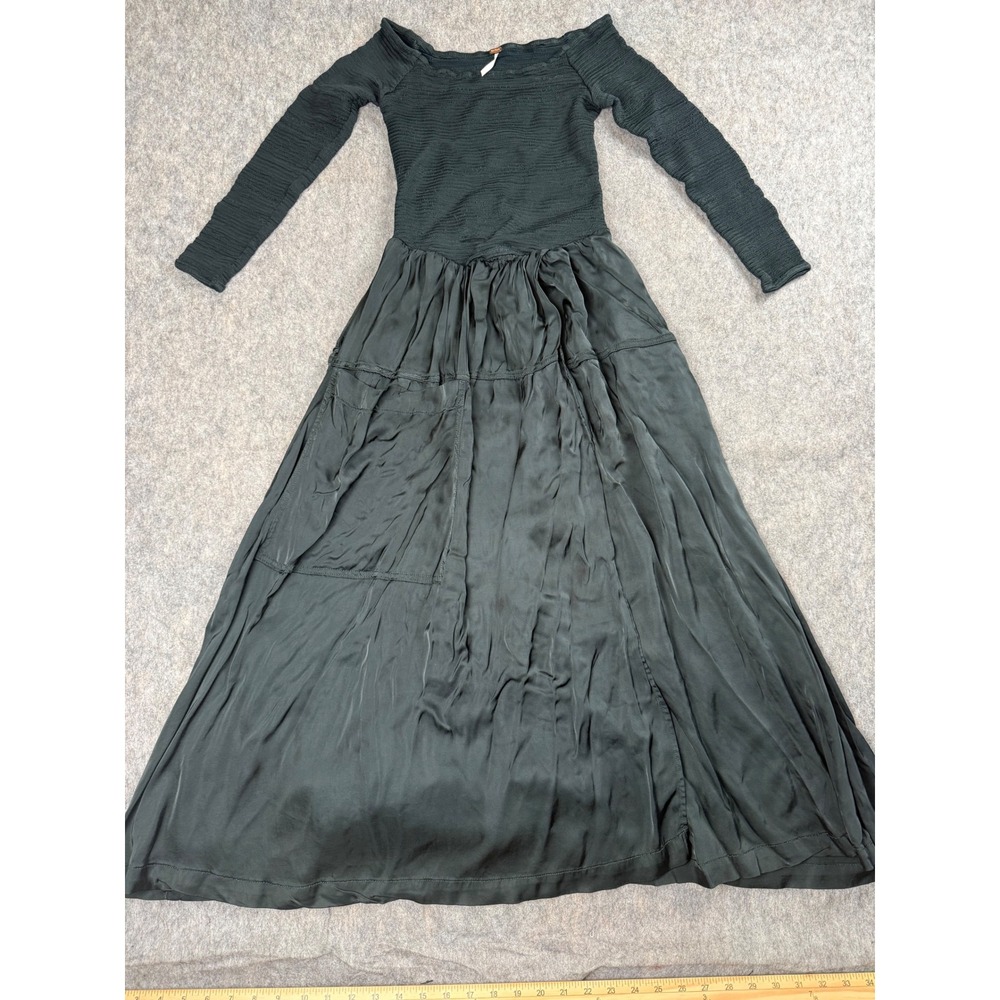 Free People Maxi Dress Womens Small Black Mixed Media Smocked Satin Boho Chic
